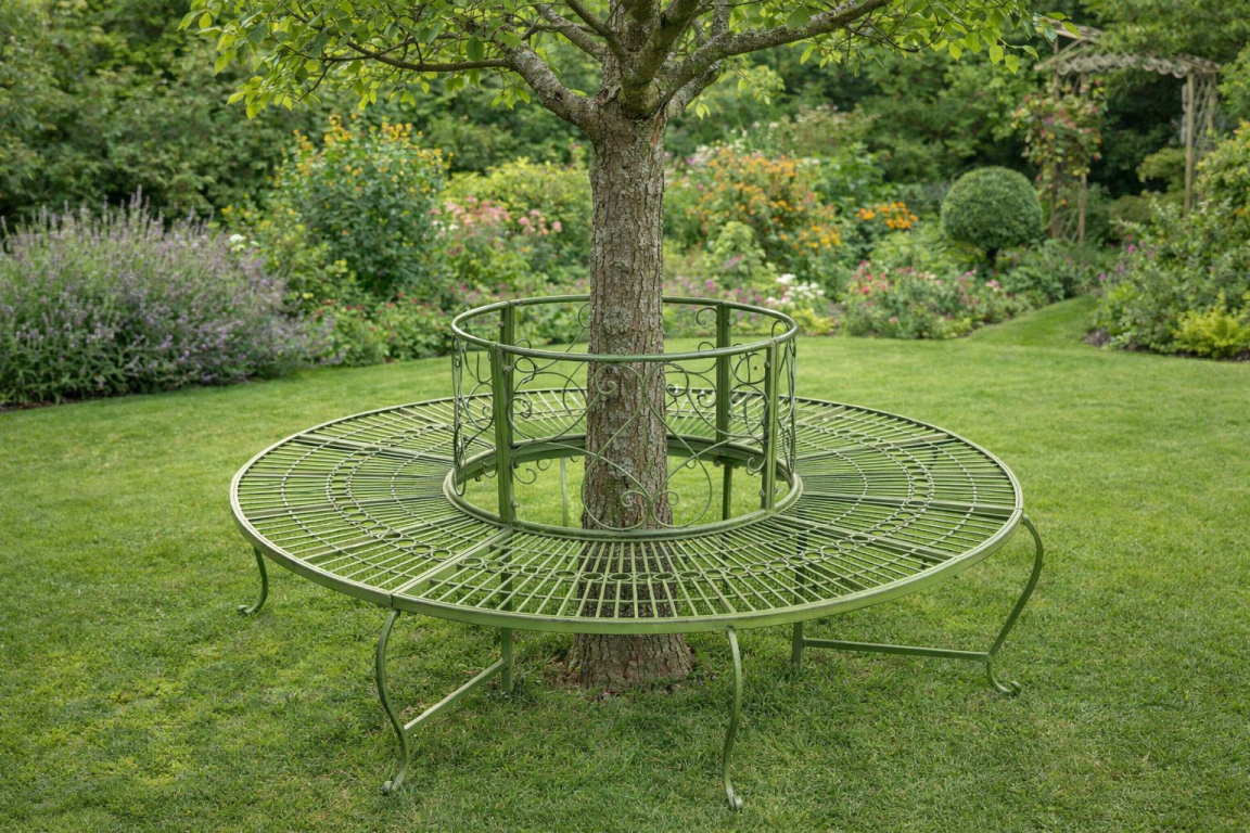 Banc d'arbre en métal coloris vert patiné