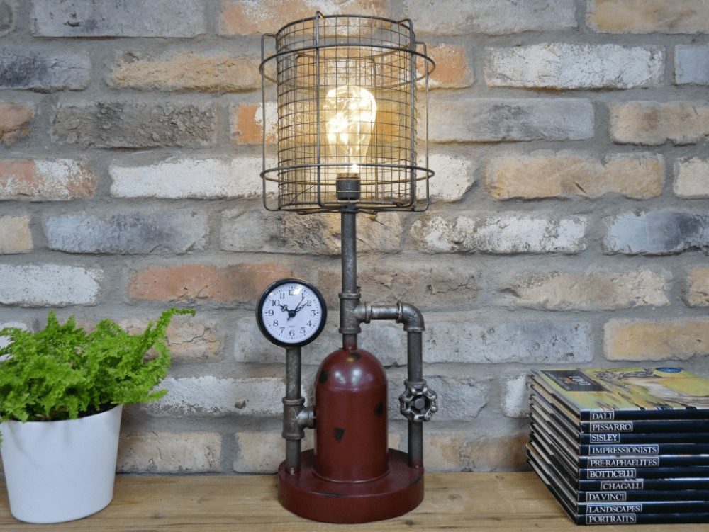 Lampe de table style indus avec horloge