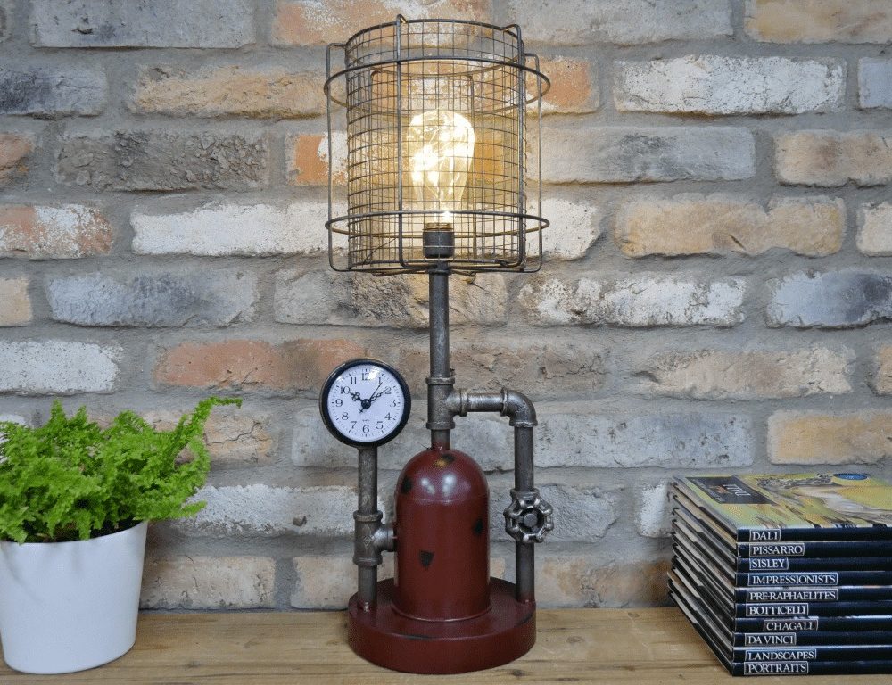 Lampe de table style indus avec horloge
