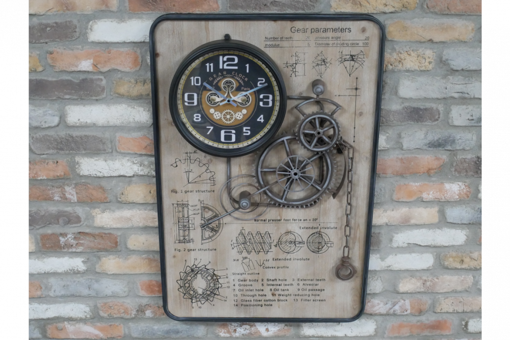 Horloge murale façon fiche technique sur un panneau en bois avec un cadre en métal. Une horloge qui est en même temps une décoration murale pour les amateur de le mécanique.