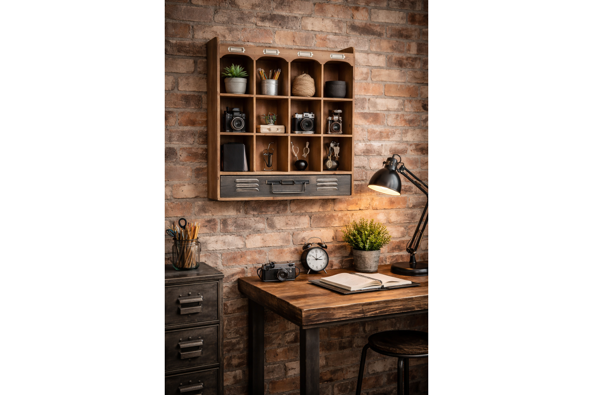 Etagère murale en bois avec des casiers