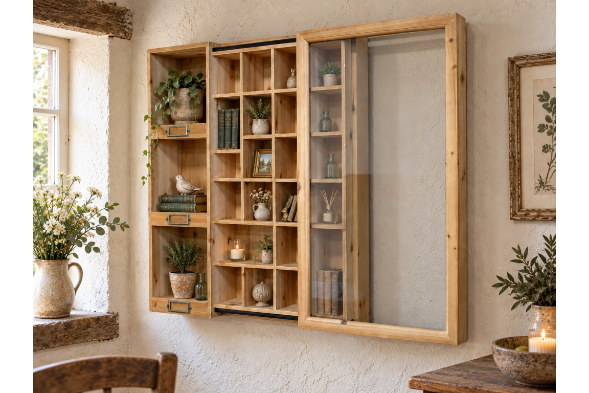 Vitrine murale en bois à 19 compartiments